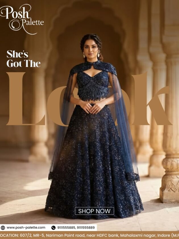 Midnight Blue Embellished Cape Gown