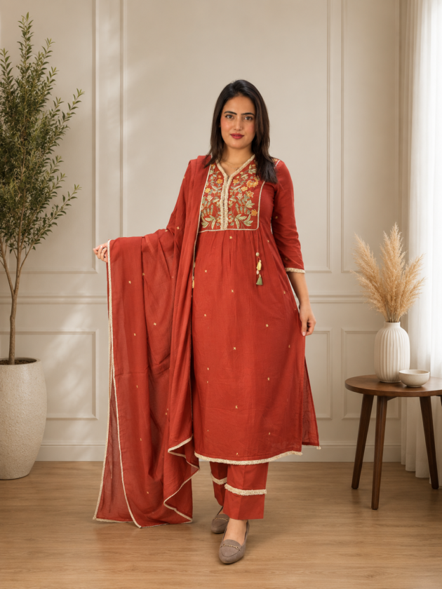 Rust Orange Kurta Pant Dupatta Set