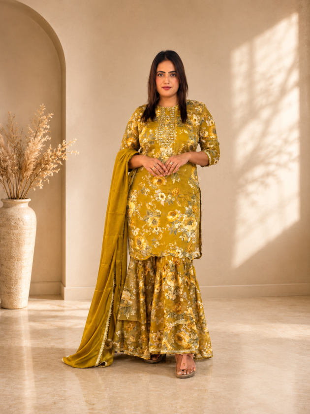 Mustard Floral Sharara Set