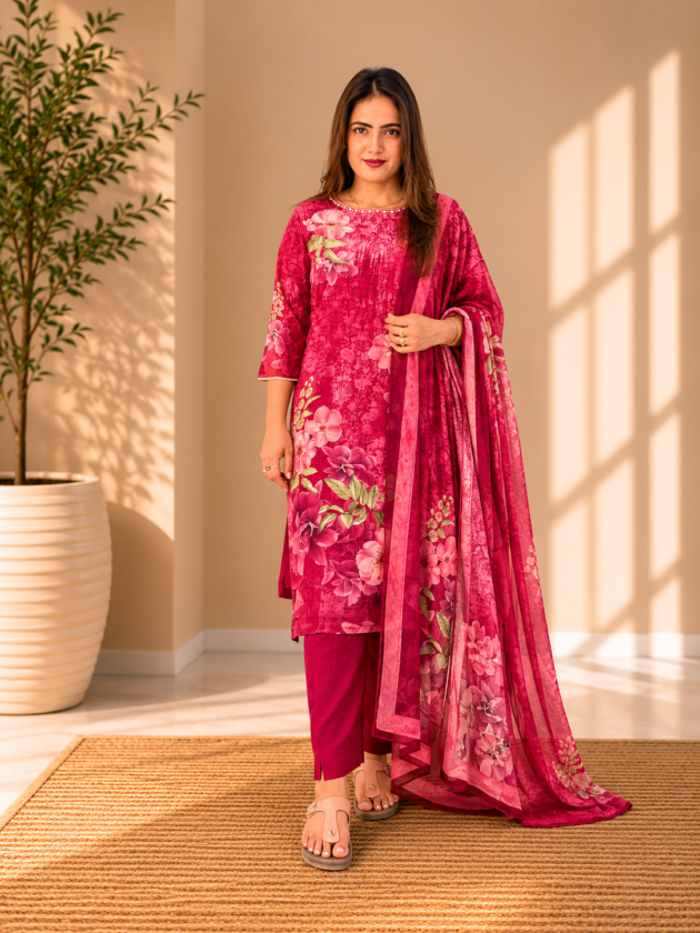 Pink Floral Cotton Suit Set