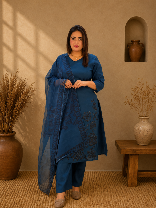 Blue Embroidered Cotton Kurta Set 💙