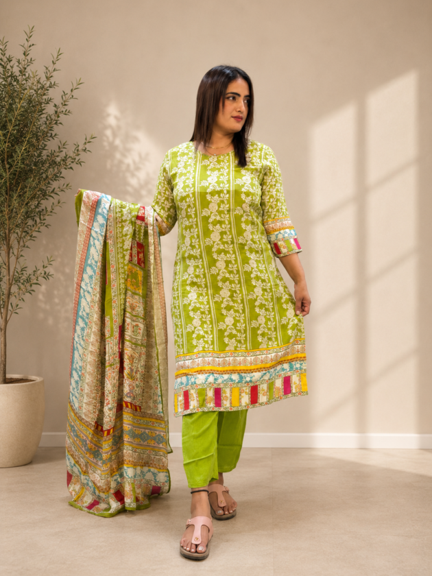Green Floral Cotton Suit Set