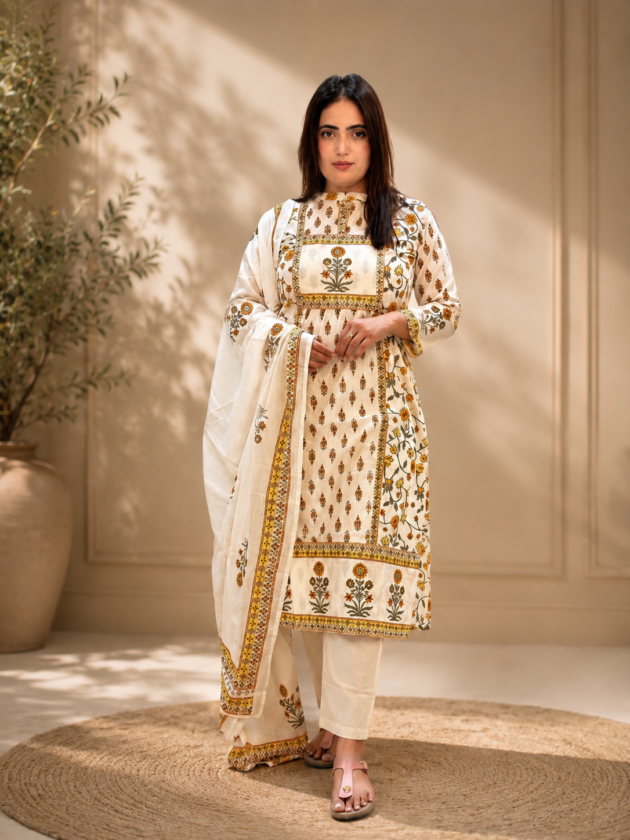 White & Mustard Printed Kurta Set