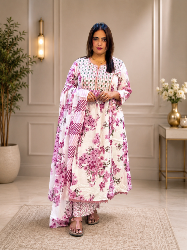 Pink Blossom Printed Cotton Suit with Dupatta