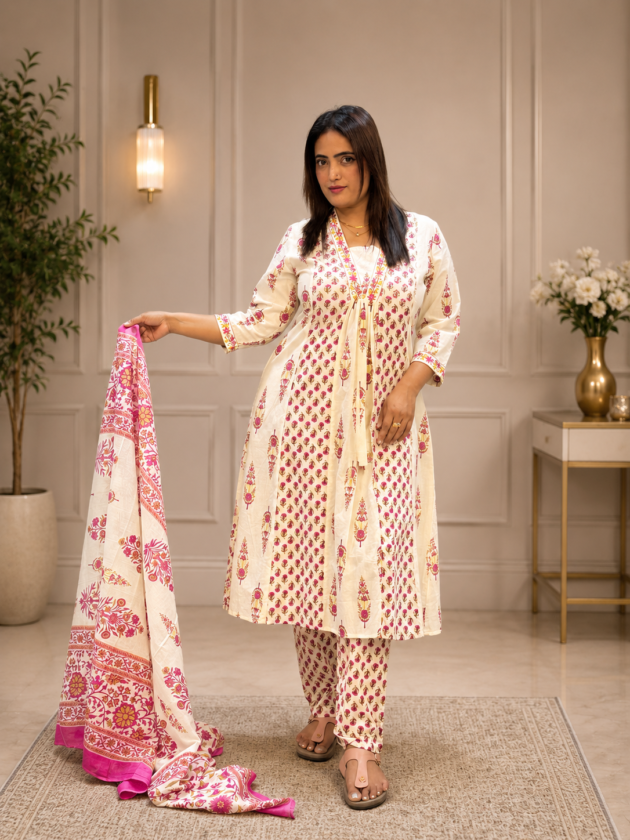 Women's Off-White & Pink Printed Cotton Kurta Pant Set with Dupatta