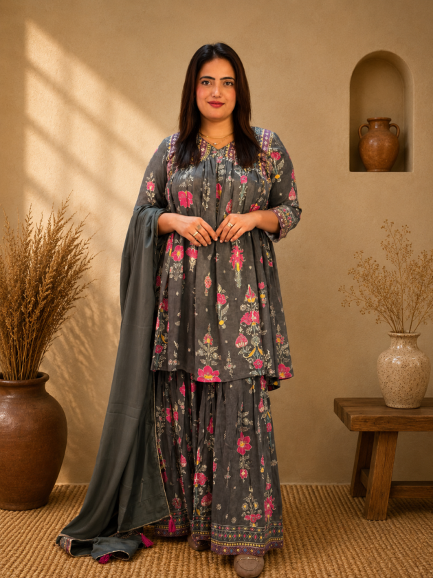 Women's Charcoal Grey Floral Printed Kurta Sharara Set with Dupatta