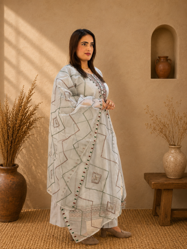Women's Ice Blue Embroidered Cotton Kurta Pant Set with Organza Dupatta