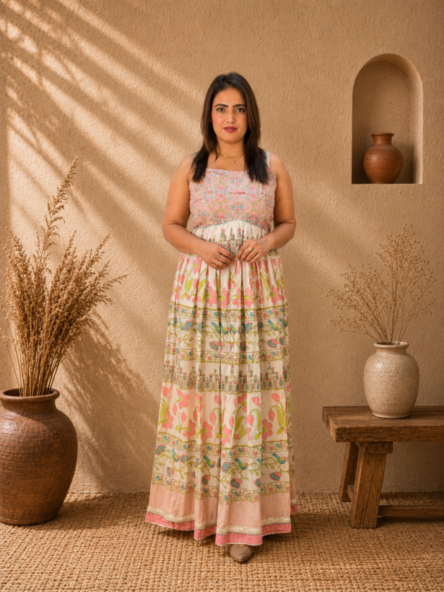 Women's Multicolor Printed Cotton Tiered Maxi Dress