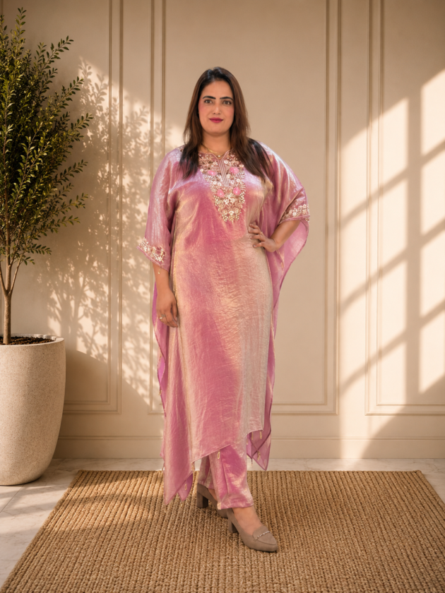 Women's Pink Tissue Silk Embroidered Kurta Pant Set