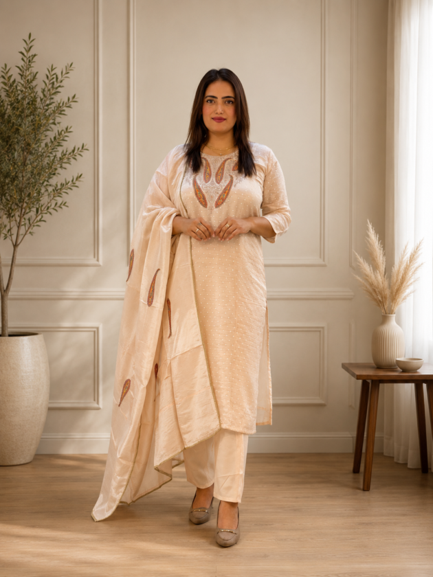 Women's Cream Embroidered Cotton Straight Kurta Pant Set with Dupatta