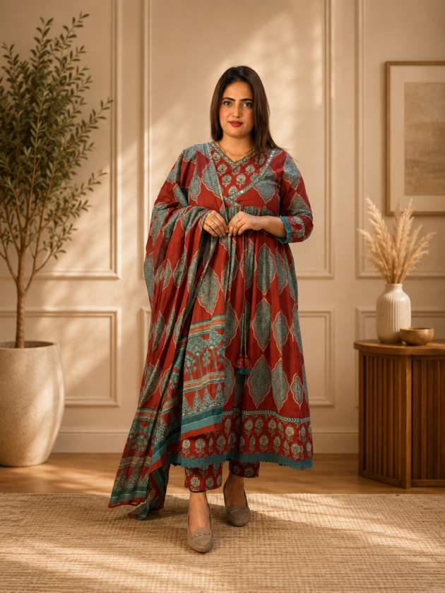 Women's Maroon & Teal Printed Cotton Anarkali Suit Set with Dupatta